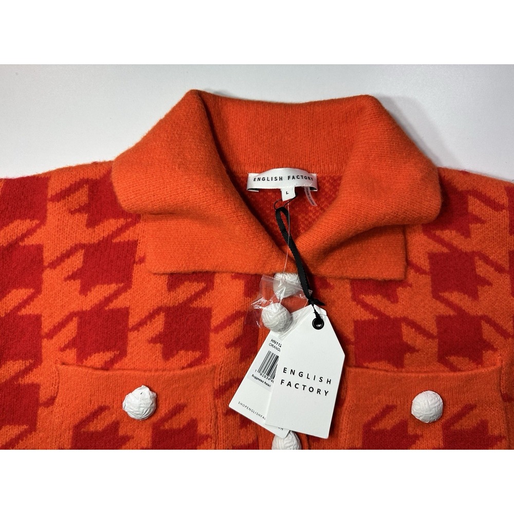Anthropologie English Factory Houndstooth Cropped Cardigan Sweater Large Org/Red - Picture 3 of 11